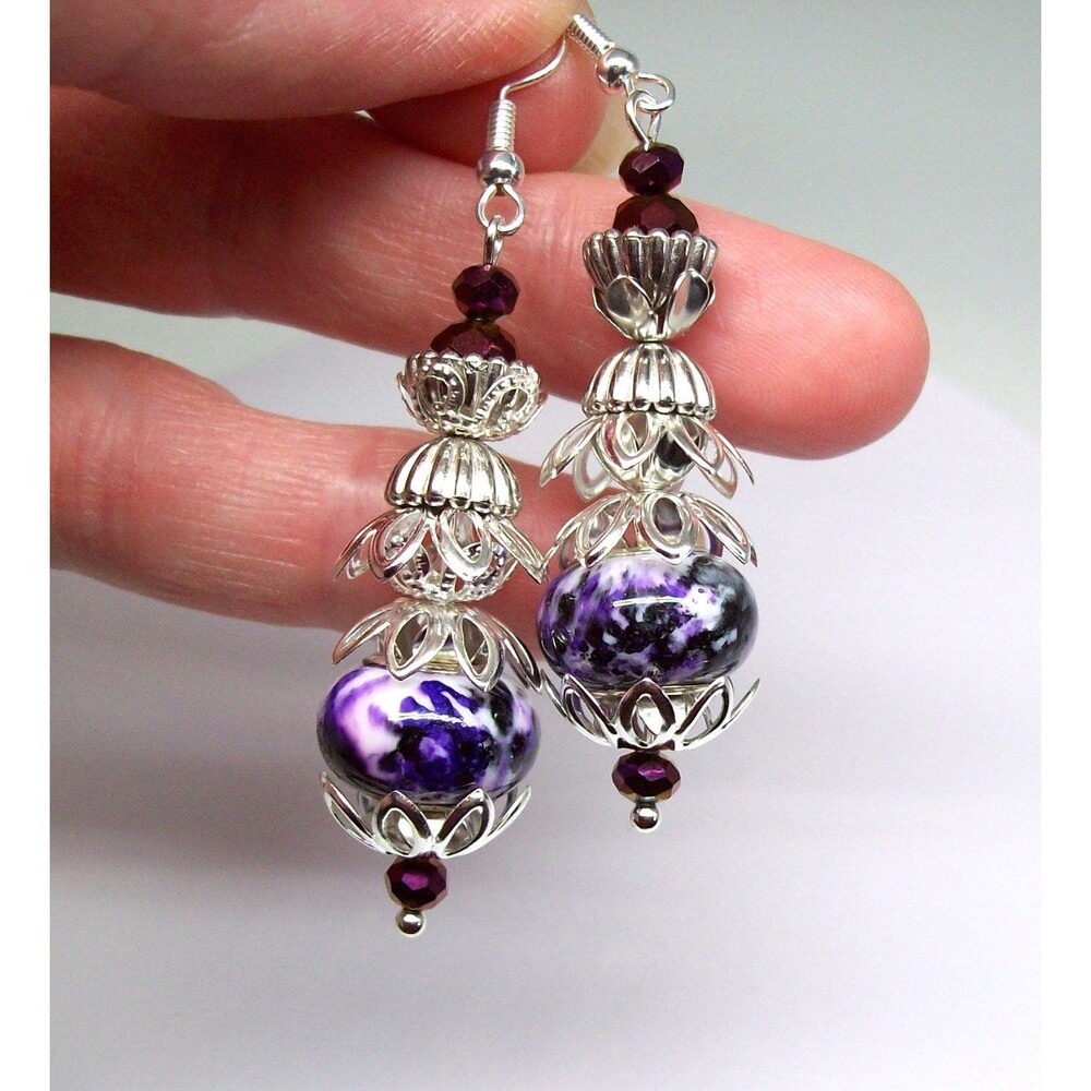 Purple Lampwork Earrings Art Deco, Silver, Unique Artisan Crafted Lampwork Jewel